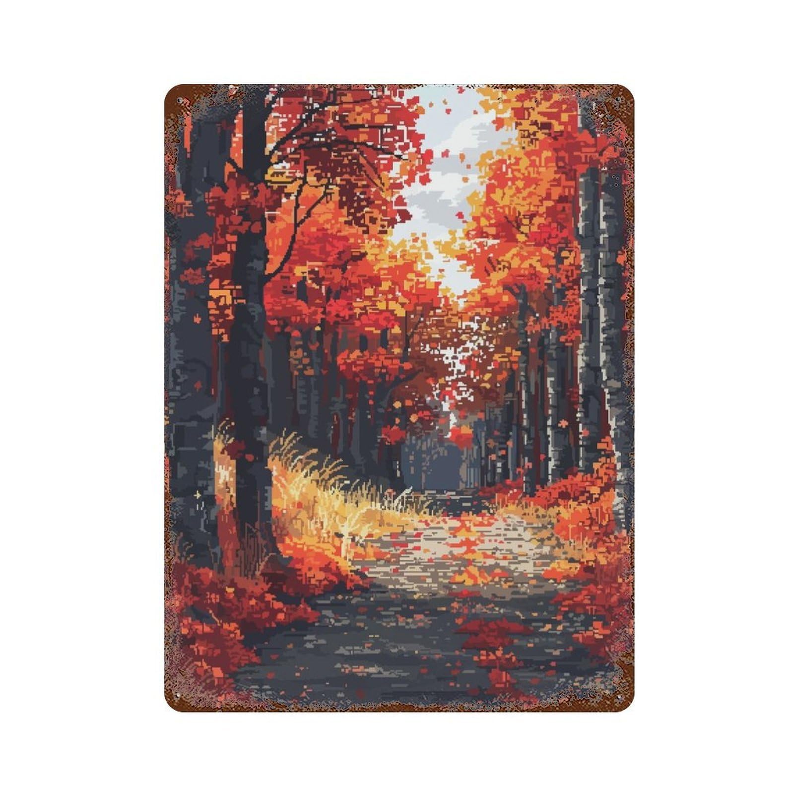 Vintage Rust Metal Sign with Autumn Path Pixel Art Design 15.7"x11.8", for Shed, Workshop And Garage Wall Decor, Classic Wall Plaque