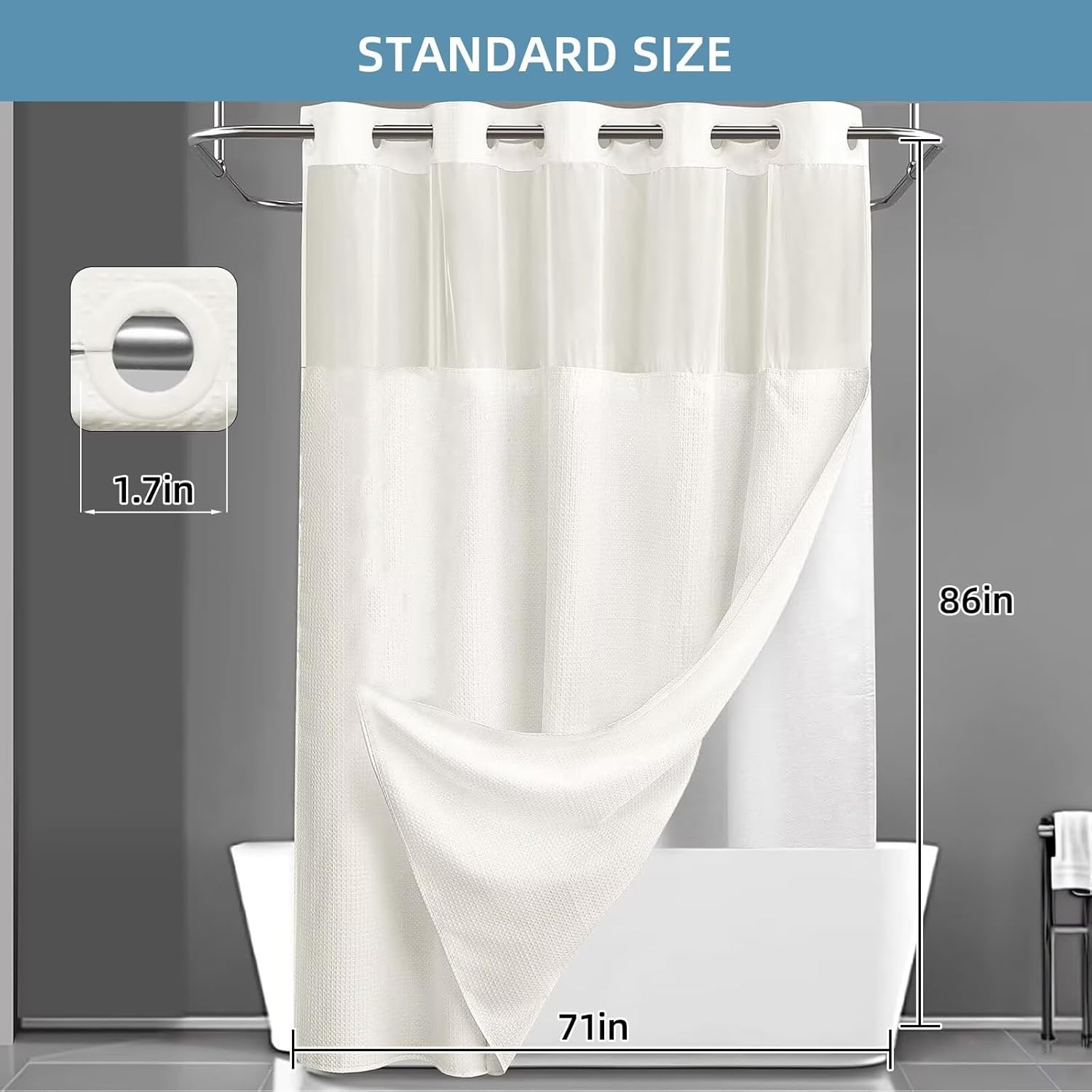 No Hook Shower Curtain with Snap in Liner,Easy Install Hotel Style Waffle Shower Curtain for Bathroom with See Through Top Window,Waterproof &Washable,71Wx86H,Ivory
