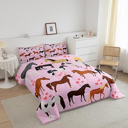 Miniatura 2 de Juego de edredón de caballo, ropa de cama de vaquera occidental tamaño Queen para niñas y mujeres, kawaii, rosa, amor, marrón, caballos, juegos de
