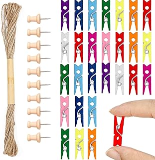 200 PCS Coloured Mini Pegs, Wooden Pegs, Mini Pegs for Photos, Multiple Colour,10 PCS Small Pegs for Hanging Photos, with 10M Jute String for Photo Wall Display,Craft,Weddings & Party