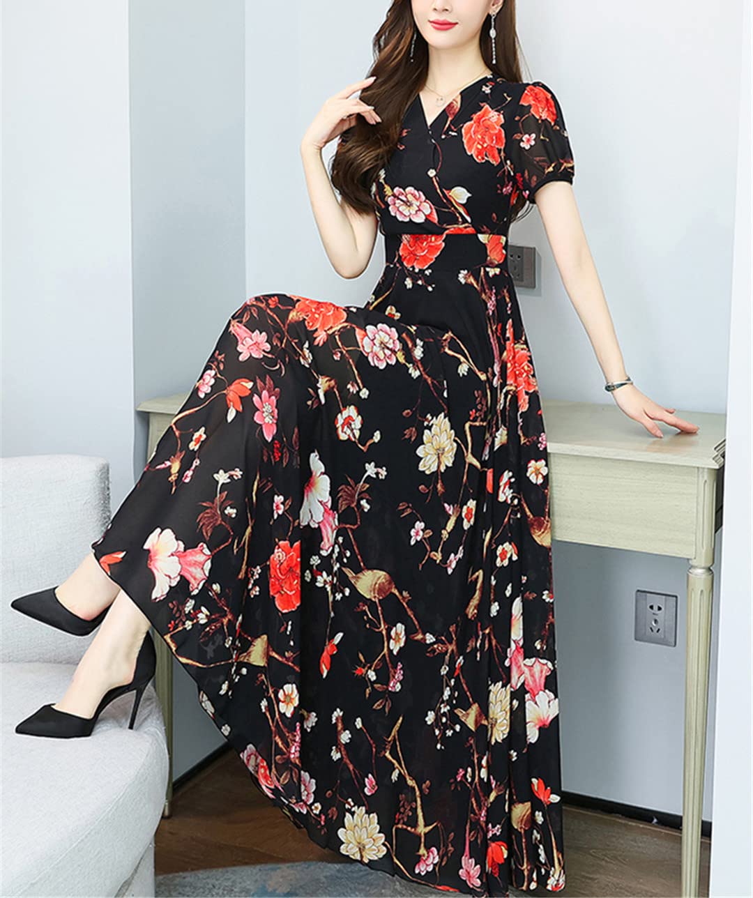Abito estivo da donna, in chiffon, floreale, elegante, vintage, per feste
