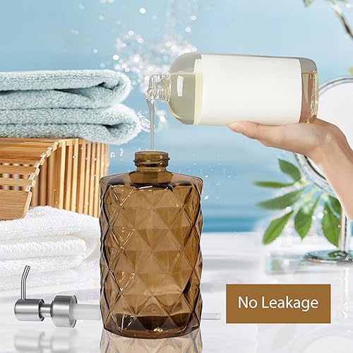 Miniatura 5 de Dispensador de jabón de vidrio marrón de 12 onzas con bomba de acero inoxidable, dispensador de jabón líquido de cocina recargable con diseño de
