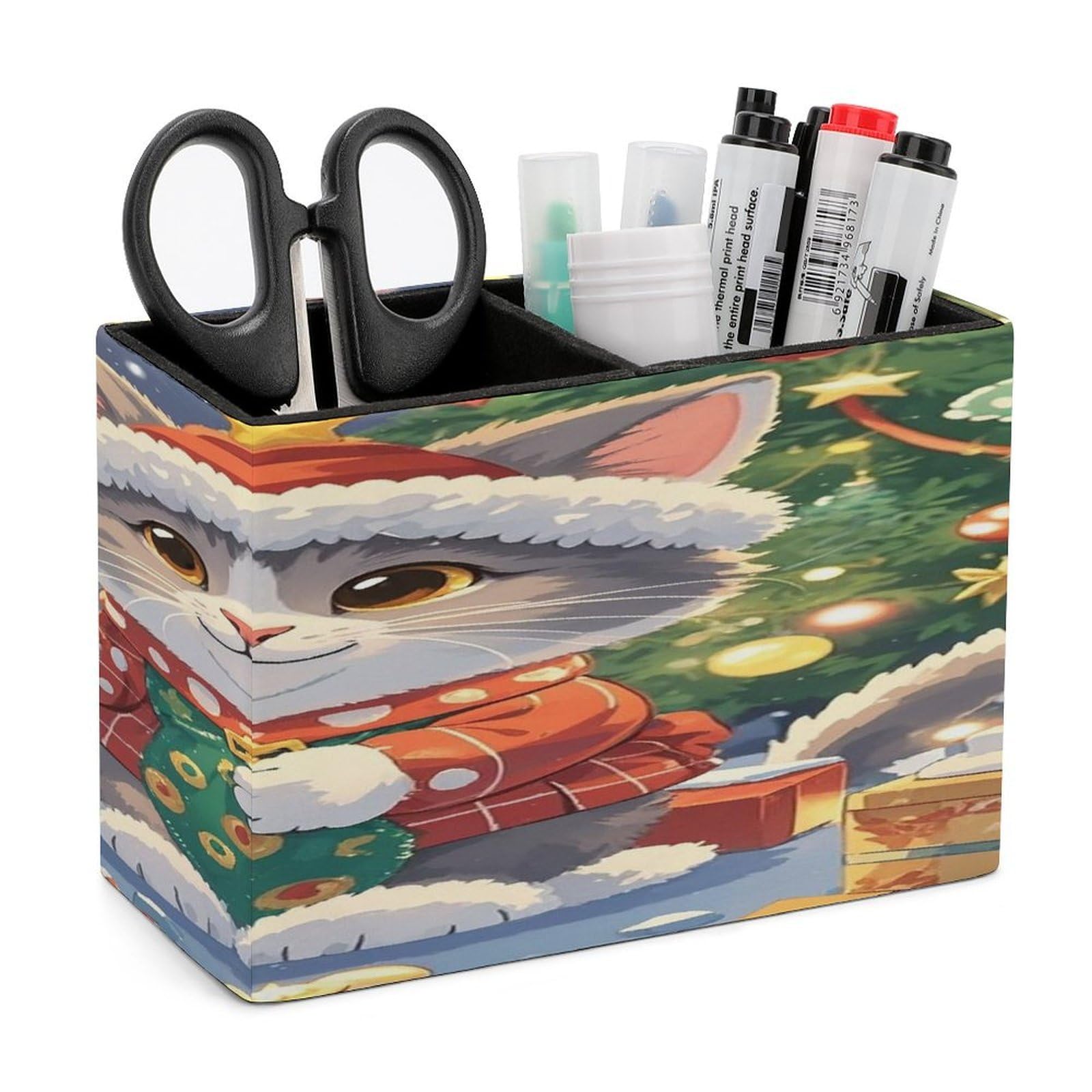 LZQPOEAS Cute Cat Sing Christmas Carols Leather Pen Holder with 2 Compartments Luxury Pencil Holder Minimalist Pencil Cup Brush Scissor Holders Elegant Pen Cup for Office Home Desk Accessories