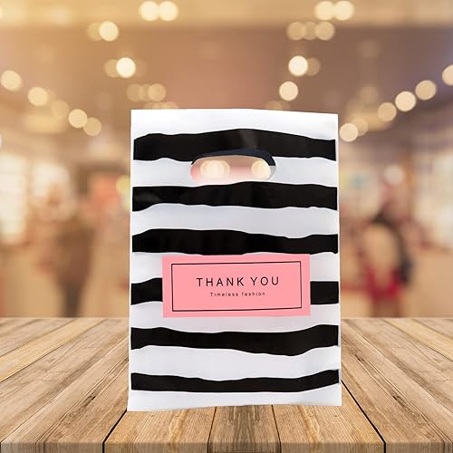 Miniatura 6 de Joyhey 100 bolsas de plástico de 5.8 x 7.8 pulgadas, bolsas de boutique con asas troqueladas, color negro, gracias