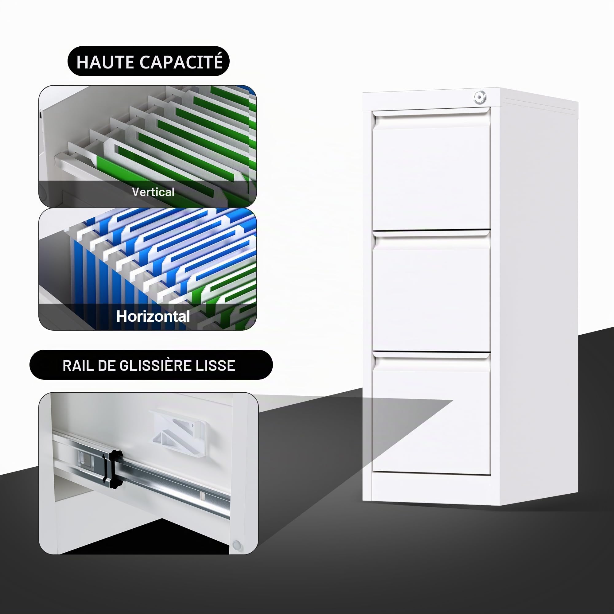 SUPEER Armoire de bureau verticale en métal avec 3 tiroirs pour dossiers suspendus, lettre/taille légale (blanc)