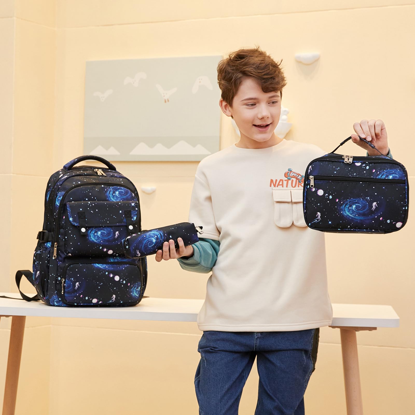 Createy Boys Backpack, Galaxy Backpack for Boys Kids School Bags Elementary Bookbags Primary School Backpack with Lunch Box and Pencil Case