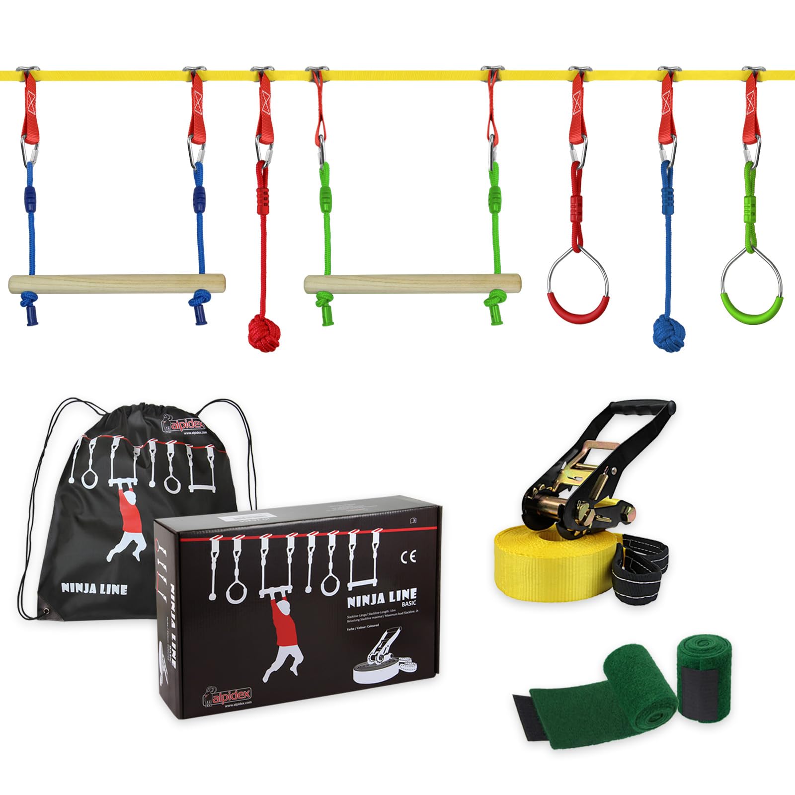 Frane Trampolino - Pack Tirolese Frog 28 M + Percorso Ninja 15 M Con 7 Ostacoli | Gioco All'Aperto Per Bambini Tra Alberi