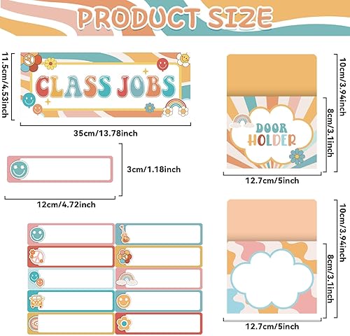 Miniatura 2 de ZOiiWA Juego de 81 tablones de anuncios Groovy Class Jobs con temática hippie para trabajos en el aula, juego de gráficos de bolsillo para ayudante