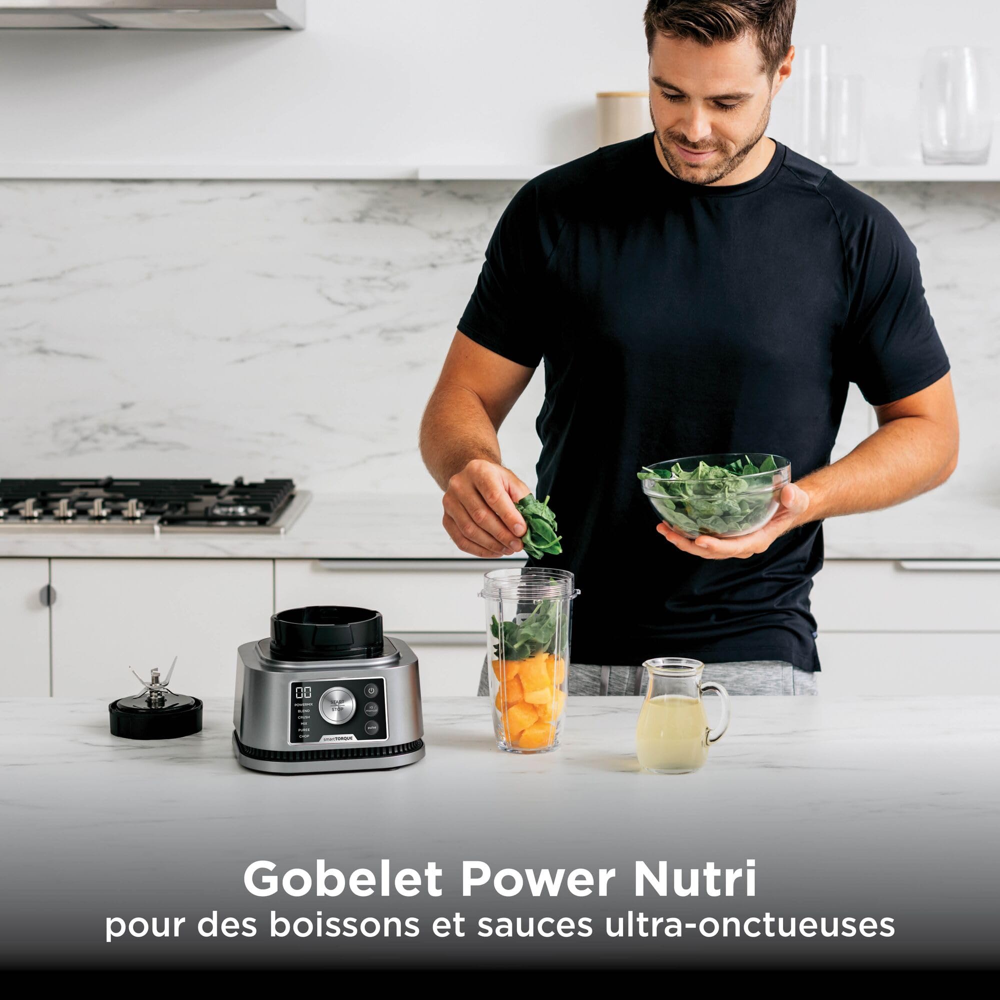 Ninja Foodi Power Nutri Blender 3-en-1, mélange les bols de smoothie, les pâtes à tartiner épaisses épaisses et les boissons glacées, programmes automatiques, 2.1L, 700ml & 400ml,1200W, Silver CB350EU