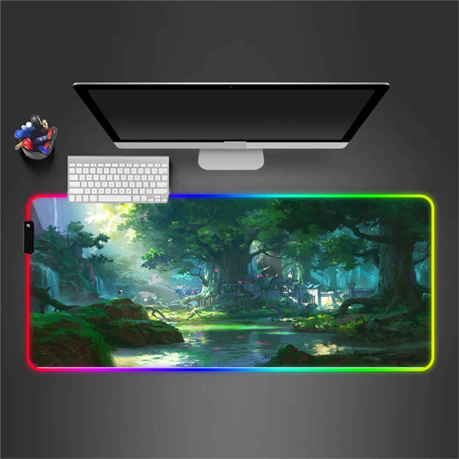 Tappetino per Mouse RGB XXL Grande Tappetino per Mouse da Gioco LED Natura della Foresta 900x400x4mm con 14 Modalità di Illuminazione e Base in Gomma Antiscivolo per Giochi Lavoro e Studio