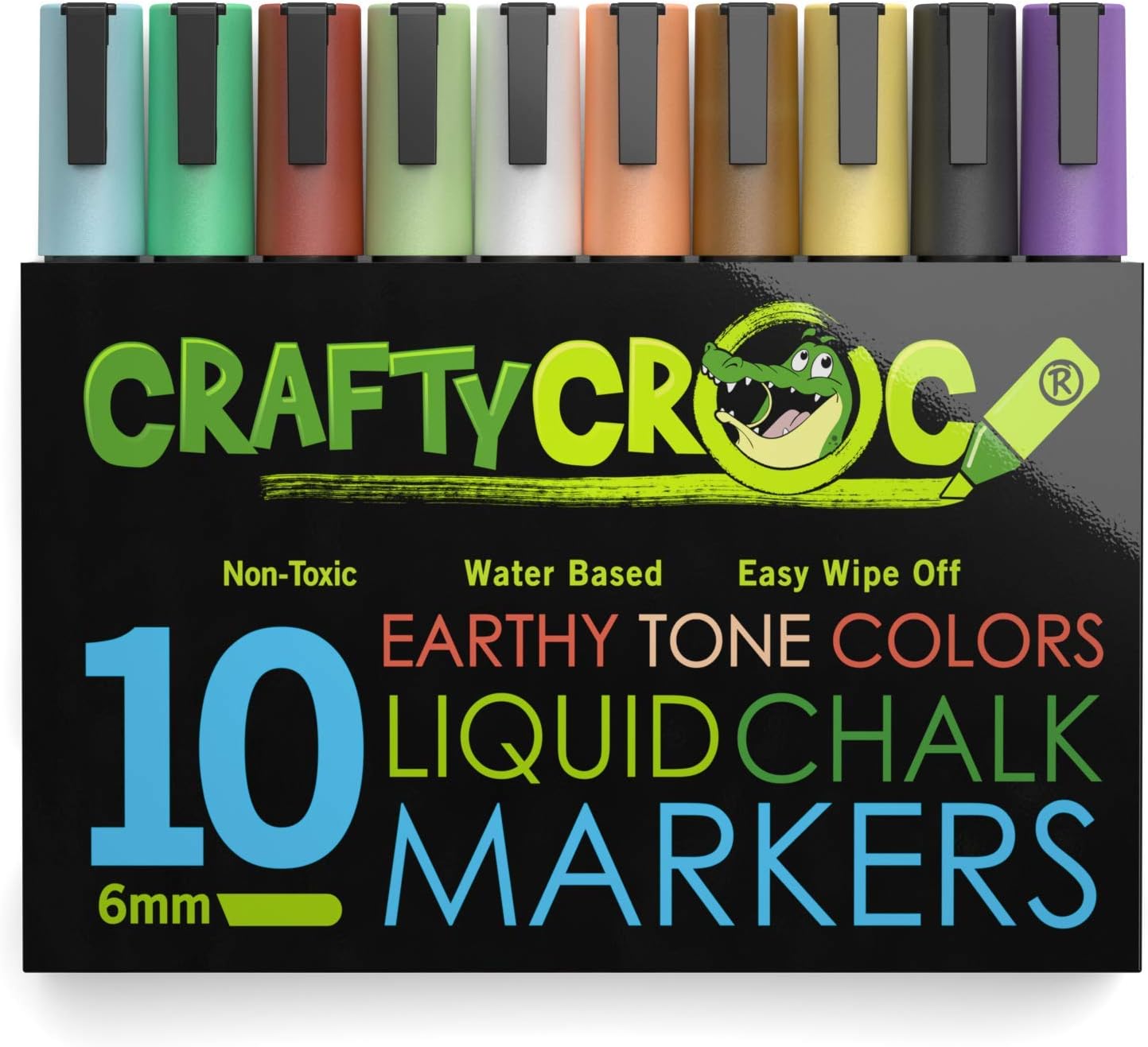 Crafty CrocLiquid Chalk Markers, 10 Pack Earth Colors, Chalk Ink Pens, Medium Tip 6mm