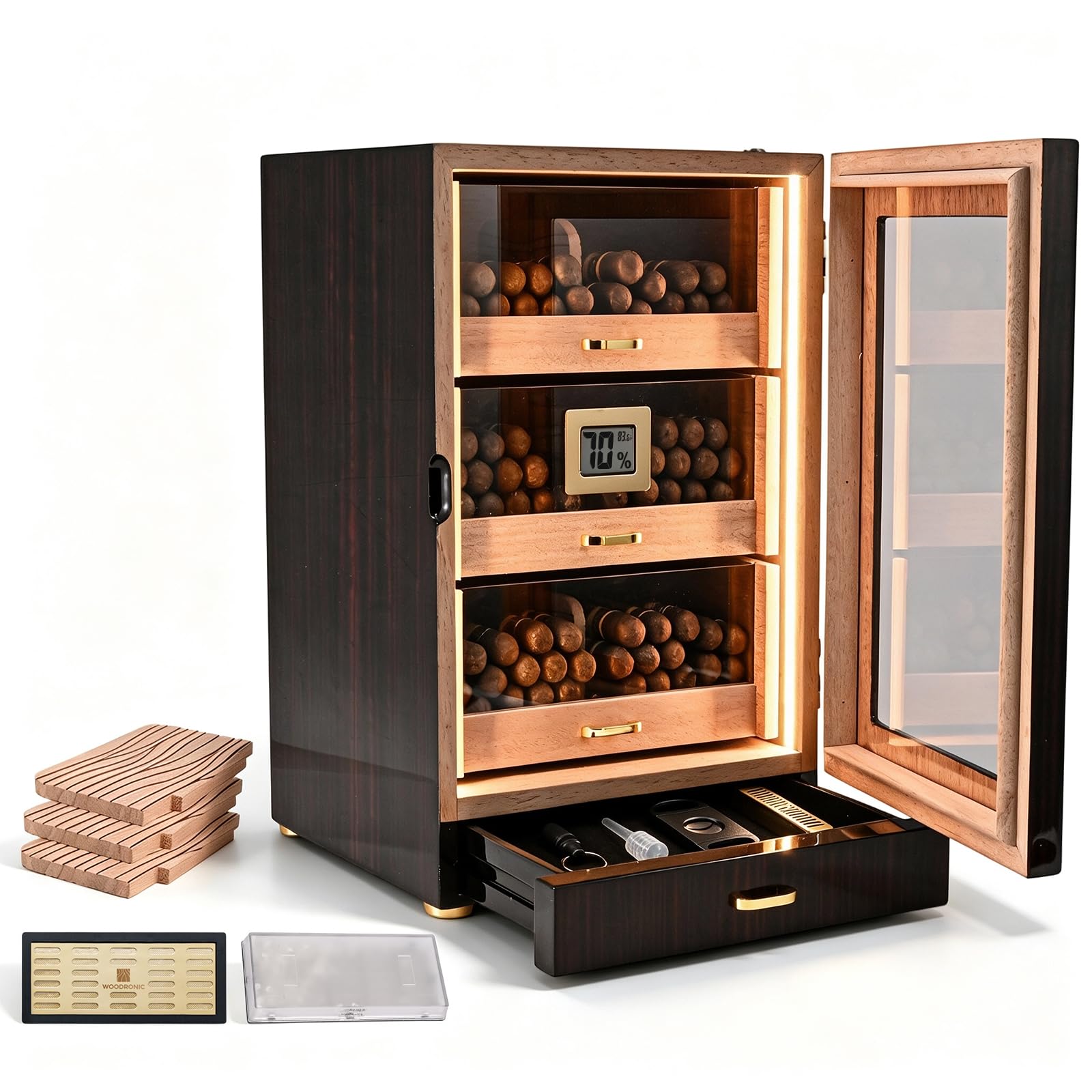 Photo 1 of Woodronic Cigar Humidor, Spanish Cedar Cigar Humidor Cabinet with LED Light, Magnetic Door, Accurate Digital Hygrometer, Dividers and Cigar Accessory Drawer, Gift for Men?100-150 Cigars?
