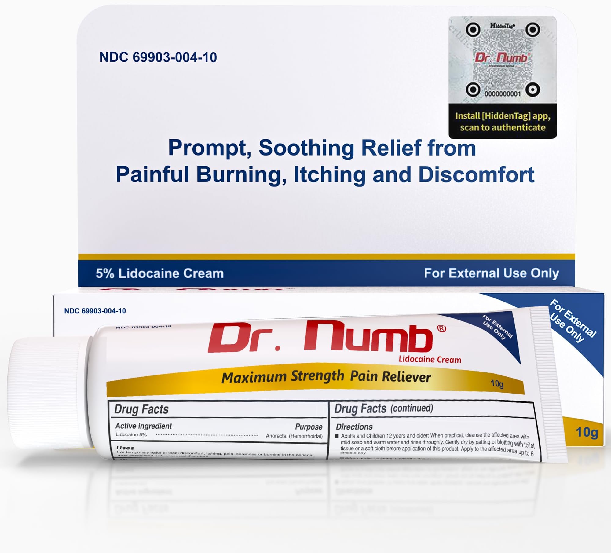 Dr. Numb 5% Lidocaine Numbing Cream, Nonprescription Maximum Strength Topical Anesthetic Cream - Temporary Relief of Pain, Itch, Discomfort for Hemorrhoid and Anorectal Uses - 10g Pack of 1