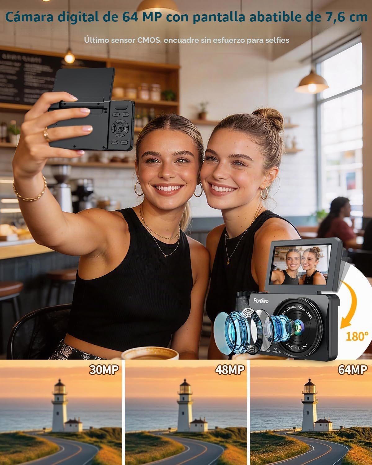 32GB Camara de Fotos 4K 64MP Digital Negro | Pantalla Abatible 180° de 3″, Compacta, Zoom 18X, 2000mAh, Vlogging Estudiantes Adulto Viajes Fotográfica 3