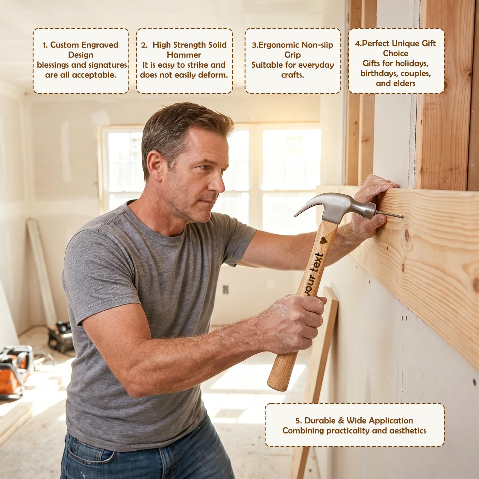 Personalisierter Gravur-Hammer, individuelle Gravur von Namen, Daten & Botschaften, robuster Handhammer, ideales Vatertagsgeschenk für Männer, Tischler & Heimwerker (A)