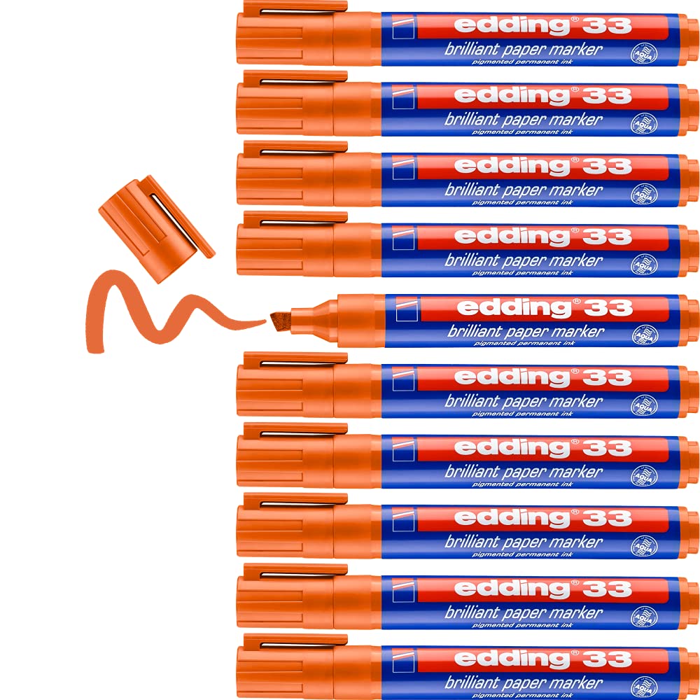 edding 33 brilliant paper marker - orange - 10 waterproof permanent markers - chisel nib 1-5 mm - vibrant colours - lightfast marking on paper, card, cardboard, plastic, metal and glass
