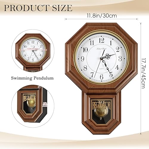 Miniatura 2 de HEOMU Relojes de pared de péndulo que funcionan con pilas, reloj regulador de plástico de aspecto de madera con péndulo, relojes de pared