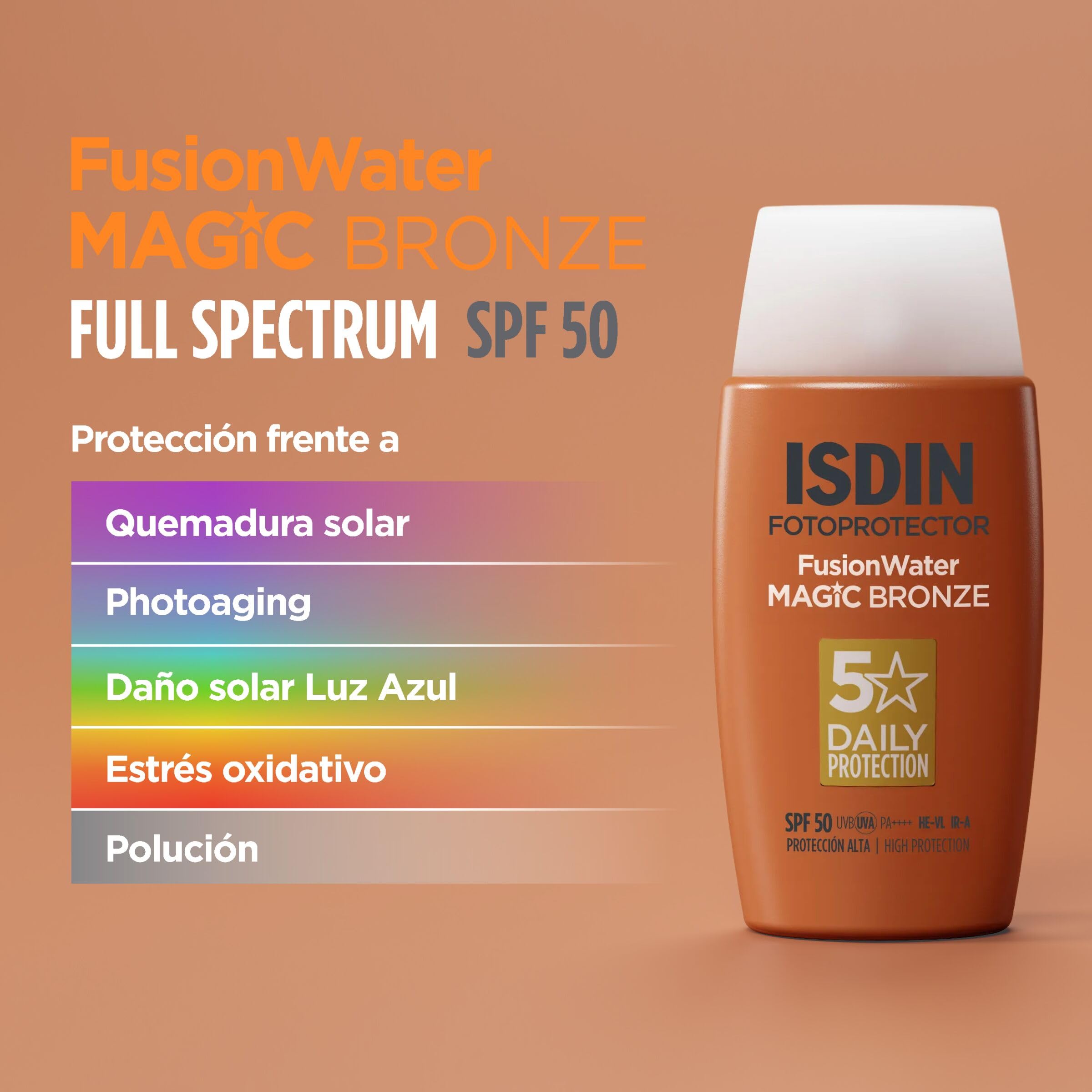 ISDIN Fotoprotector Fusion Water MAGIC Bronze SPF 50, Protector Solar Facial Ultraligero Con Color, Crema Solar Que Unifica El Tono Y Protege Con Tecnología Full Spectrum, En 3 Tonos -50 ml