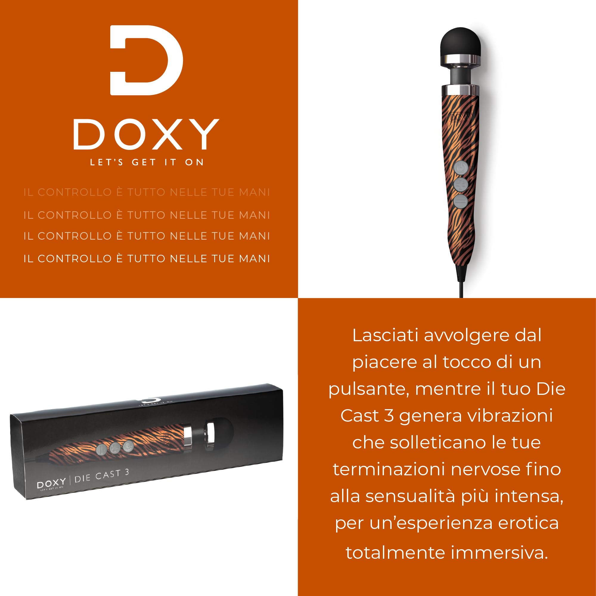 Doxy Vibrator Die Cast 3 Magic Wand Massagery: Potte Masajeador Magic Wand con Vibración de Varita Mágica Para Mujeres - Tiger