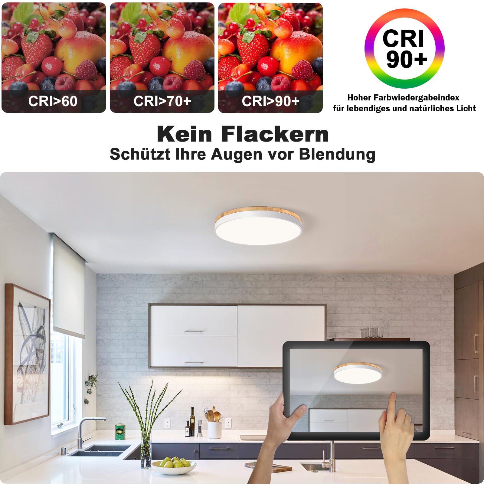 Plafon Led Techo, Plafon Techo Blanco, 4000K, 48W, Ø50 cm | Moderna Lampara Techo Madera, para Dormitorio, Sala de Estar, Comedor, Cocina, Pasillo