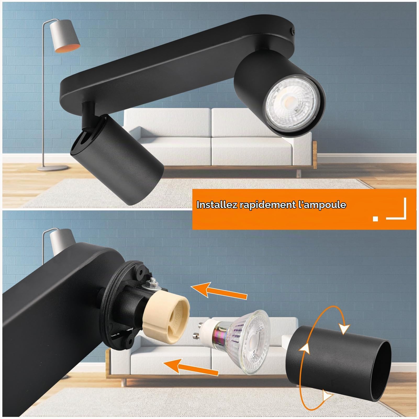 KYOTECH Plafonnier LED 2 Spots Orientables 2 GU10 Spots de plafond Pivotants & Orientables,Applique murale LED Noir mat,livré sans ampoules