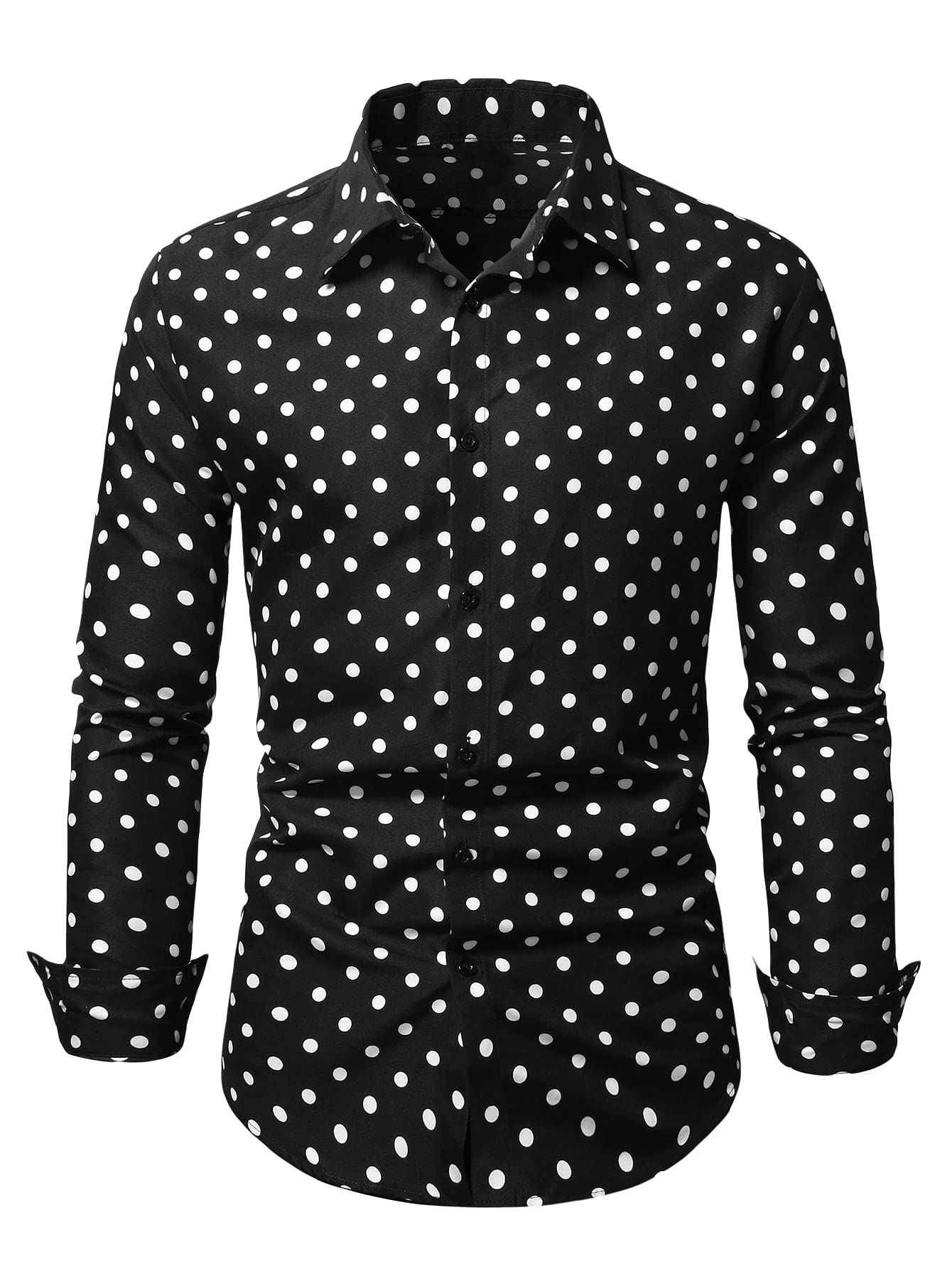 WDIRARA Men's Polka Dots Button Front Long Sleeve Collar Shirt Casual Tops