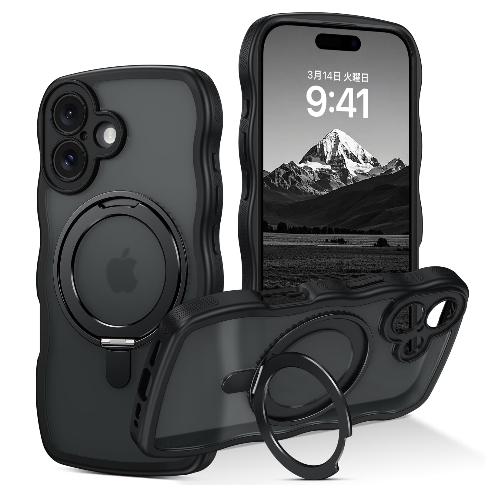 GUAGUA iPhone17 ウェーブ Magsafe対応 ケース クリア いphone 17 ソフトうねうね 透明 マット感 かわいい 人気 韓国 耐衝撃 おしゃれ 黄ばみなし 米軍規格 耐衝撃 マグセーフ リング マグネット 滑り止め なみなみ アイフォン 17用カバー（ブラック）