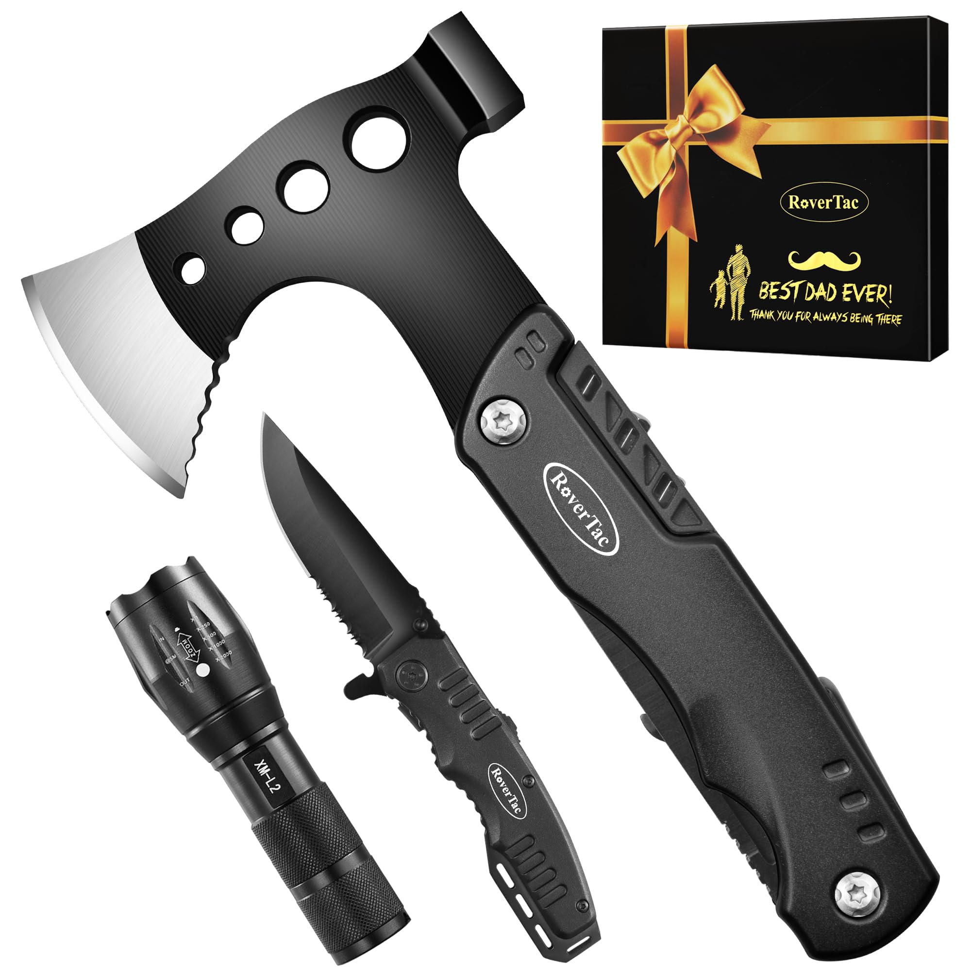 RoverTac Tools Set for Dad Gifts, 11-in-1 Multitool Axe, LED Flashlight & Tactical Knife in a Gift Box with "BEST DAD EVER", Unique Gift for Dad on