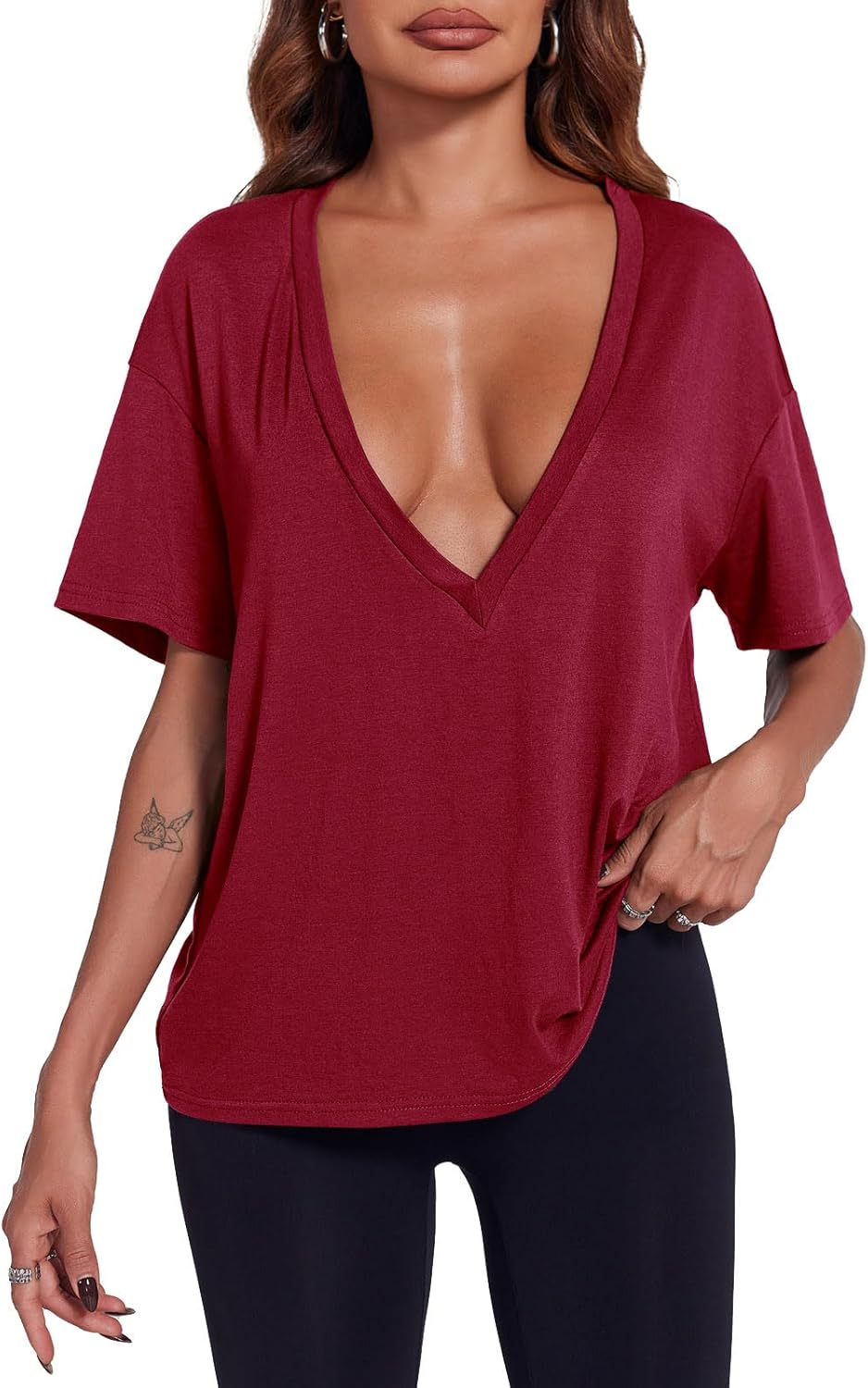 Tankaneo Womens Sexy Deep V Neck T-Shirts Summer Short Sleeve Tops Casual Loose Fit Basic Tees - Image 2