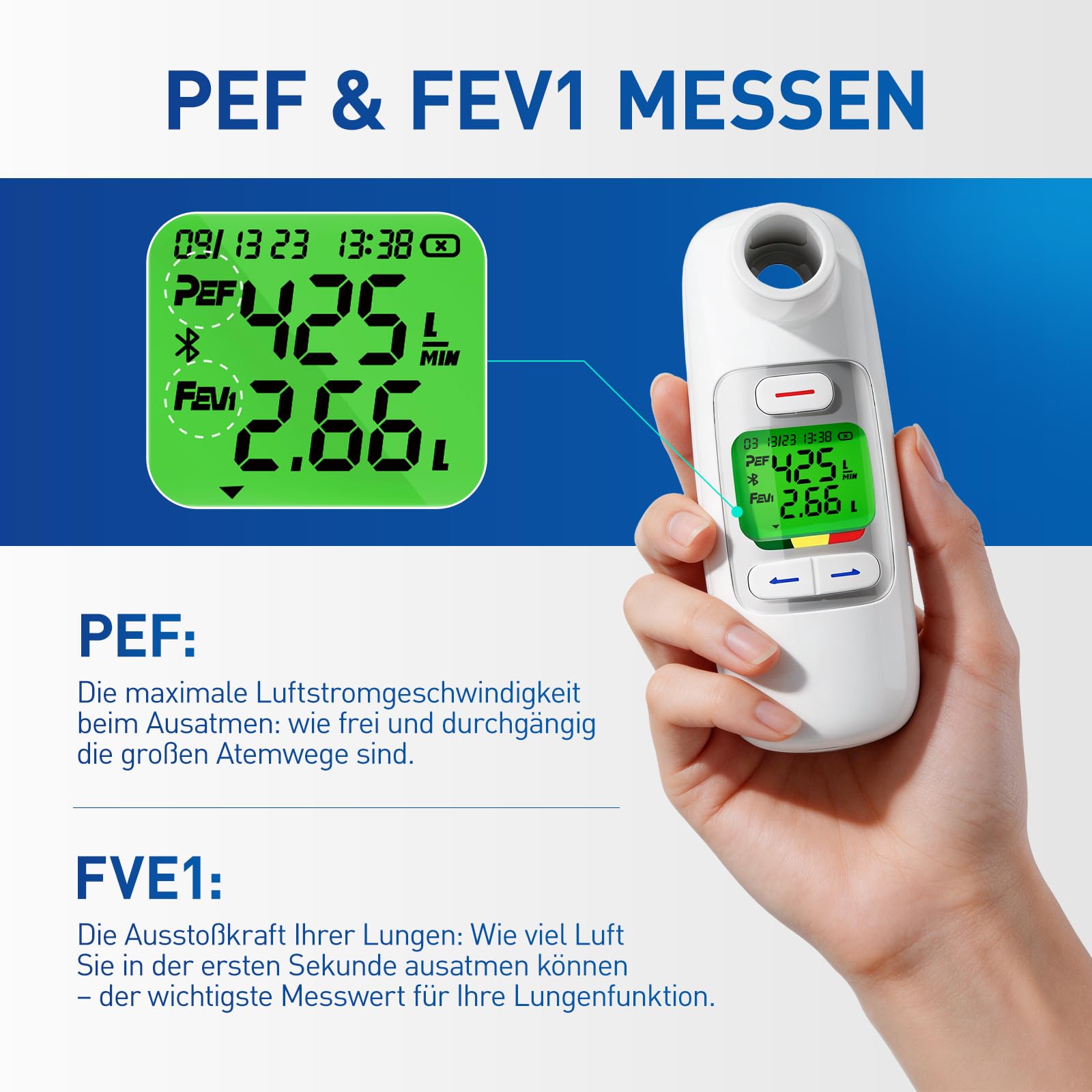Peak Flow Meter mit Bluetooth, APP Analyse, PEF FEV1 mssen, Wiederaufladbar | 300 histotische Daten, 2 Mundstücke, Rot gelb grün Risikoindikator, für Asthma COPD, Tragbar, die Lungenfunktion üwachen