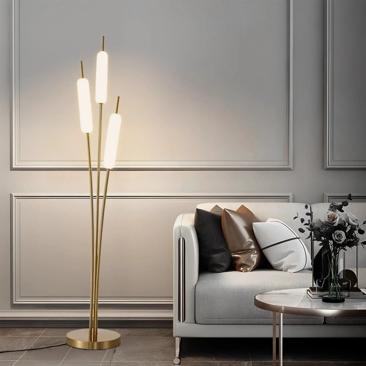 Modern Gold Floor Lamp with 3-Color LED | Minimalist Standing Lamp for Living Room & Bedroom | Metal Floor Lamp for Home Decor, Study & Corner Lighting