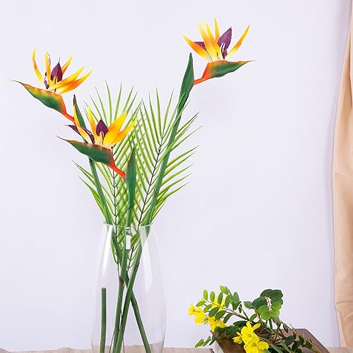 Miniatura 5 de GLSATEMAN Bird of Paradise Flores artificiales Strelitzia de goma de 32 pulgadas de tallo largo, 3 unidades, adecuadas para decoración del hogar,