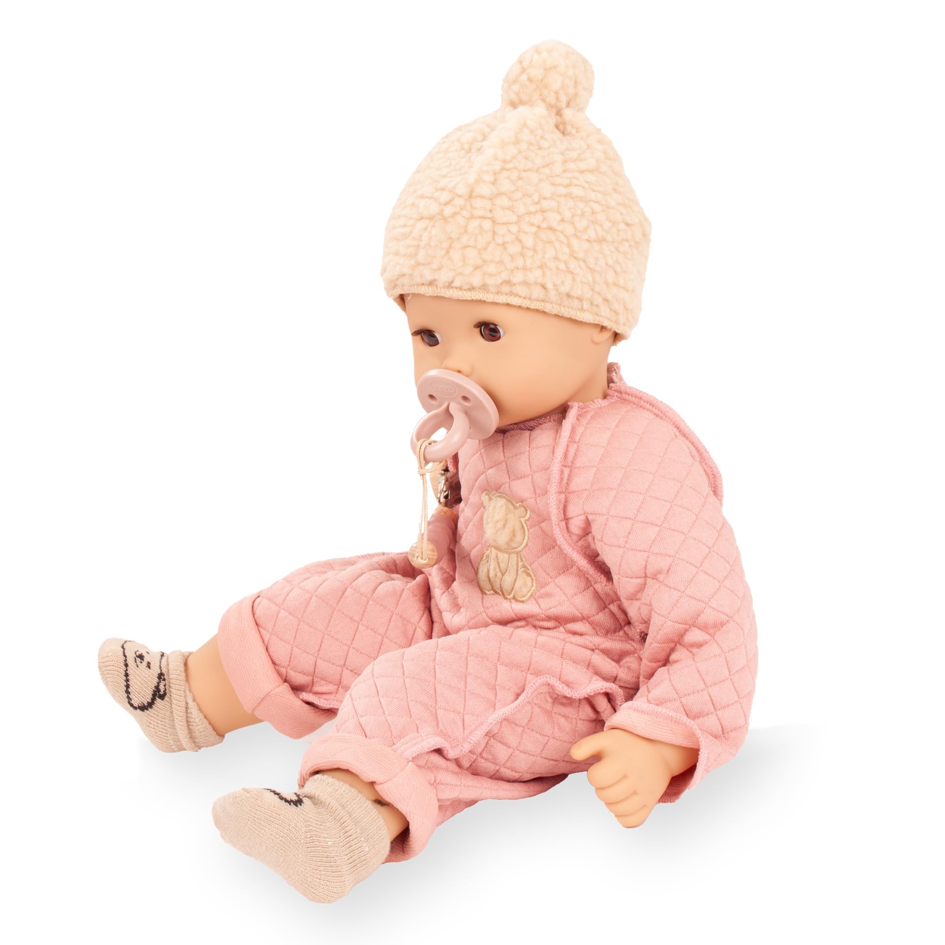 Götz 2627972 Maxy Muffin Bärig Puppe 42 cm Babypuppe braune Schlafaugen | 7-tlg, ohne Haare, Weichkörper, für Kinder ab 3 Jahren, waschbar, mit Schnuller, Plüschmütze und Strümpfchen