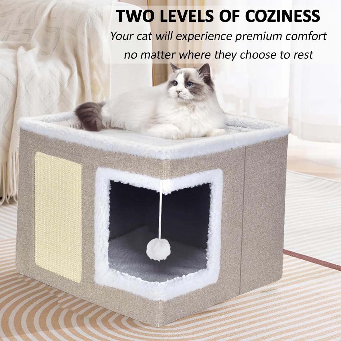 ERNAN Cat Beds,Cat Bed for Indoor Cats Foldable Cat House,Large Soft Cave Bed with Scratching Board for Small Medium Pets (biege, S) - Image 2