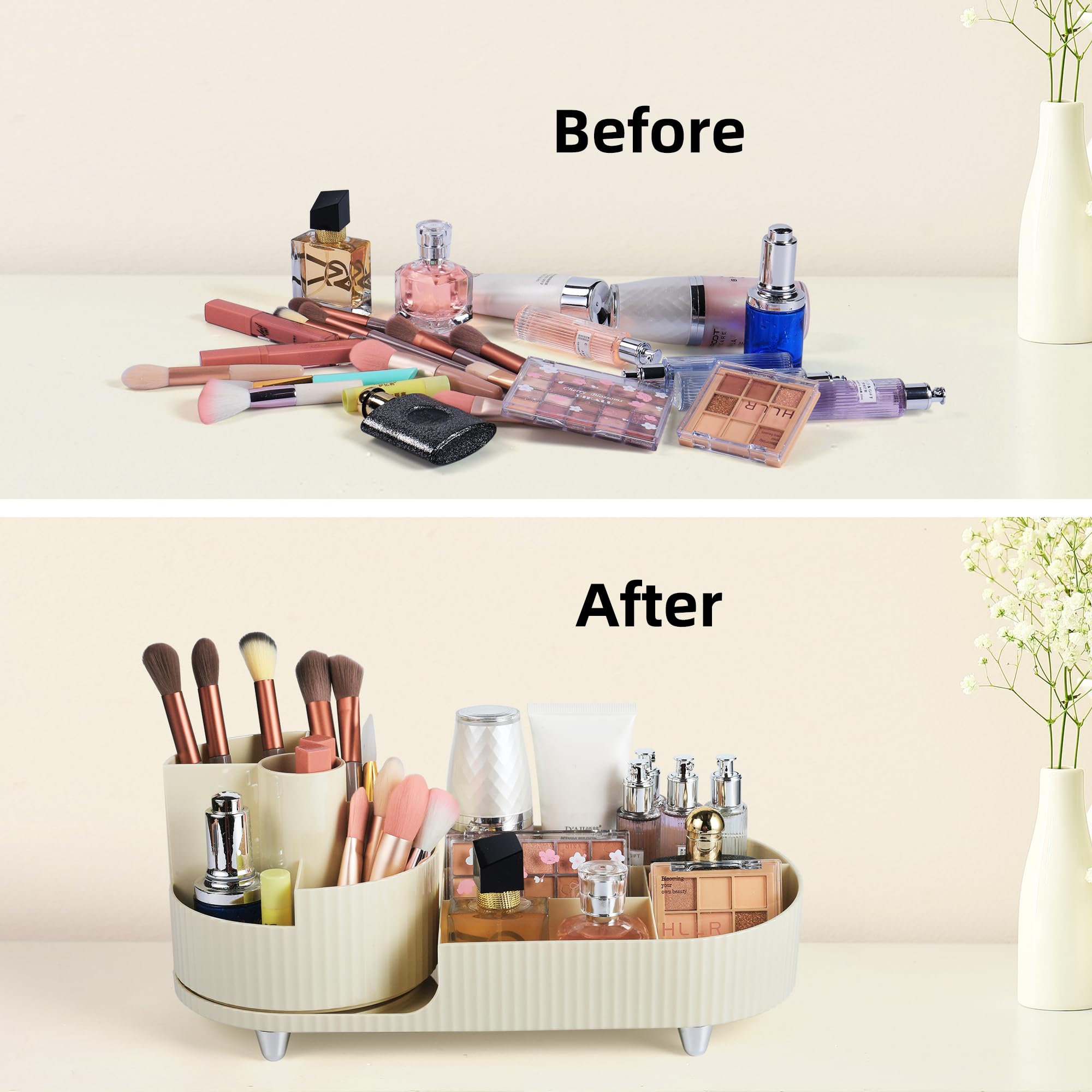 New Rotating Makeup Organizer, Large Capacity Makeup Desk Organizer Hold at Least 20 Makeup Brushes/Eyeliner,10 Lipsticks,8 Skincare Products, Cosmetic Display Case