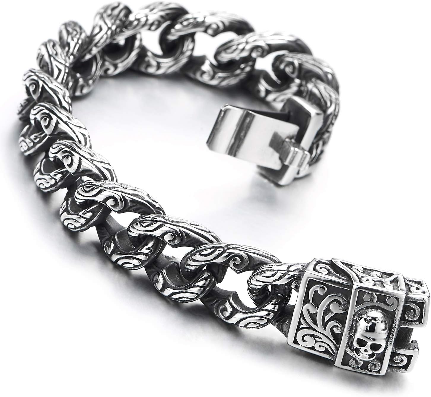 COOLSTEELANDBEYOND Gothic Retro Style Mens Large Steel Tribal Swirl Patterns Curb Chain Bracelet with Skull Box Clasp - Image 4