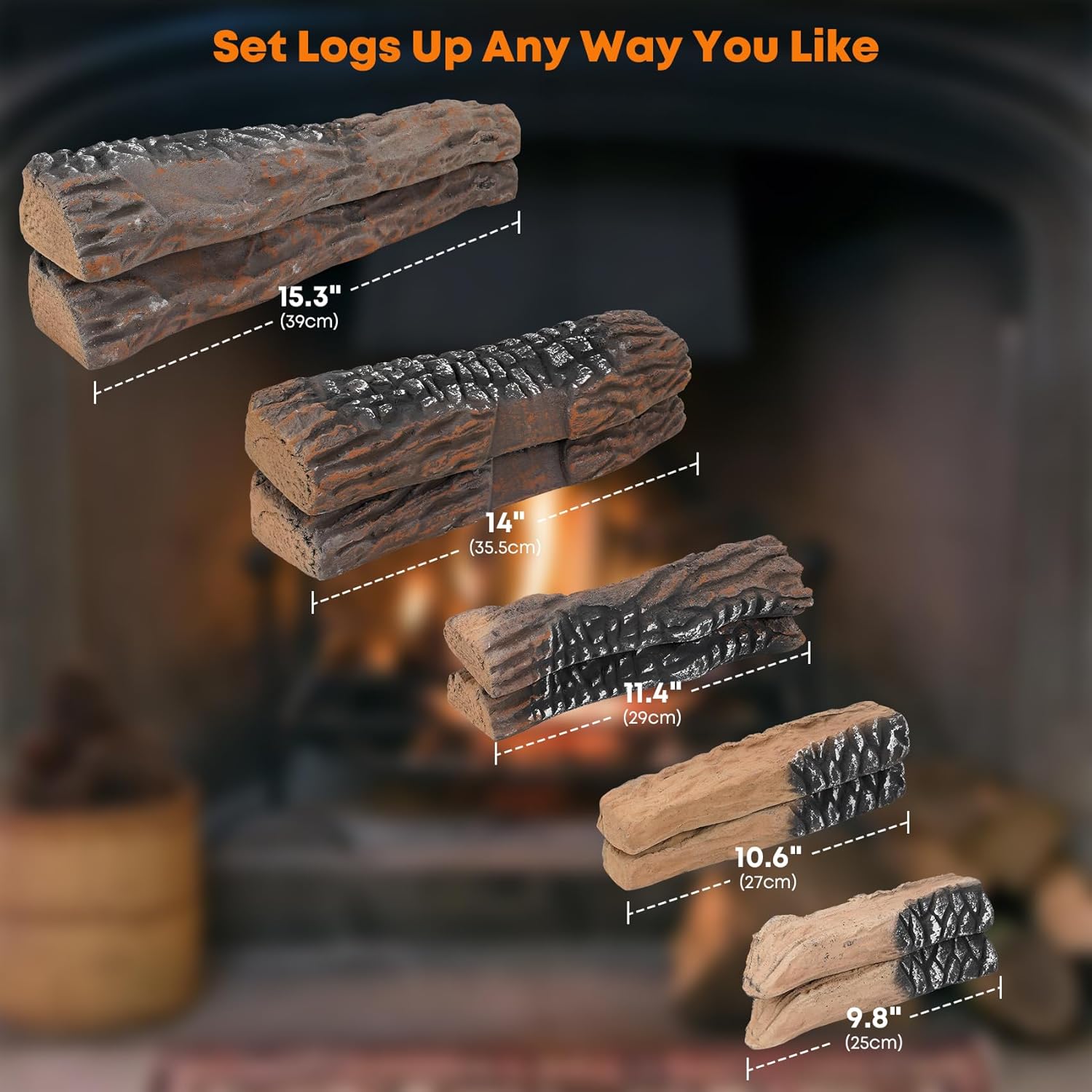 Stanbroil Large Ceramic Gas Logs, 10 Piece Set of Decoration Ceramic Wood Logs for All Types of Ventless, Gel, Ethanol, Electric, Gas Inserts, Propane, Indoor or Outdoor Fireplaces & Fire Pits