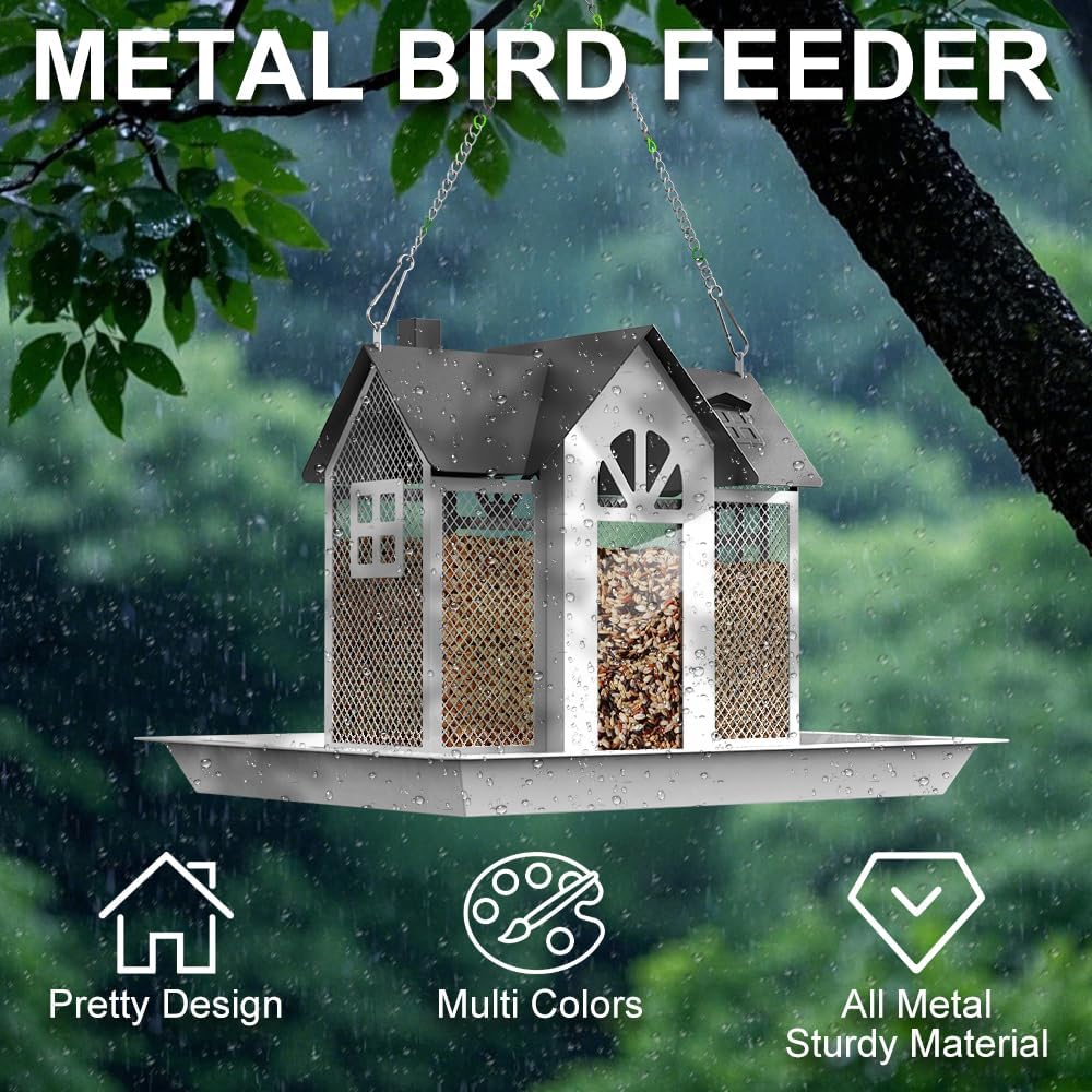 Hanging Bird Feeder Metal Wild Feeders for Outdoors with Triple Feeders Large Capacity for Finch Cardinal Chickadee Weatherproof and Durable (White)