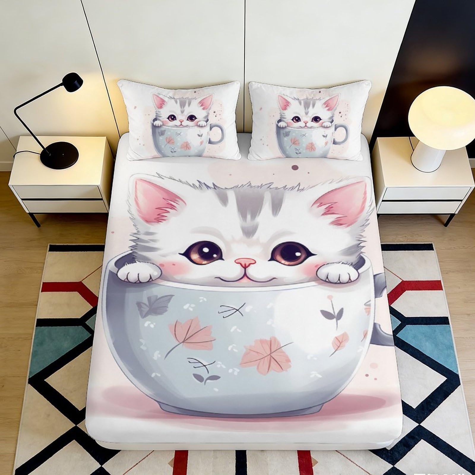 Uxinyoume Style-10 3D Printed Cute Cat Mug Fitted Sheet Microfiber Soft Breathable Kitten Pattern Bed Cover For Bedroom Decor Dorm Mattress Protection 90X200x25cm