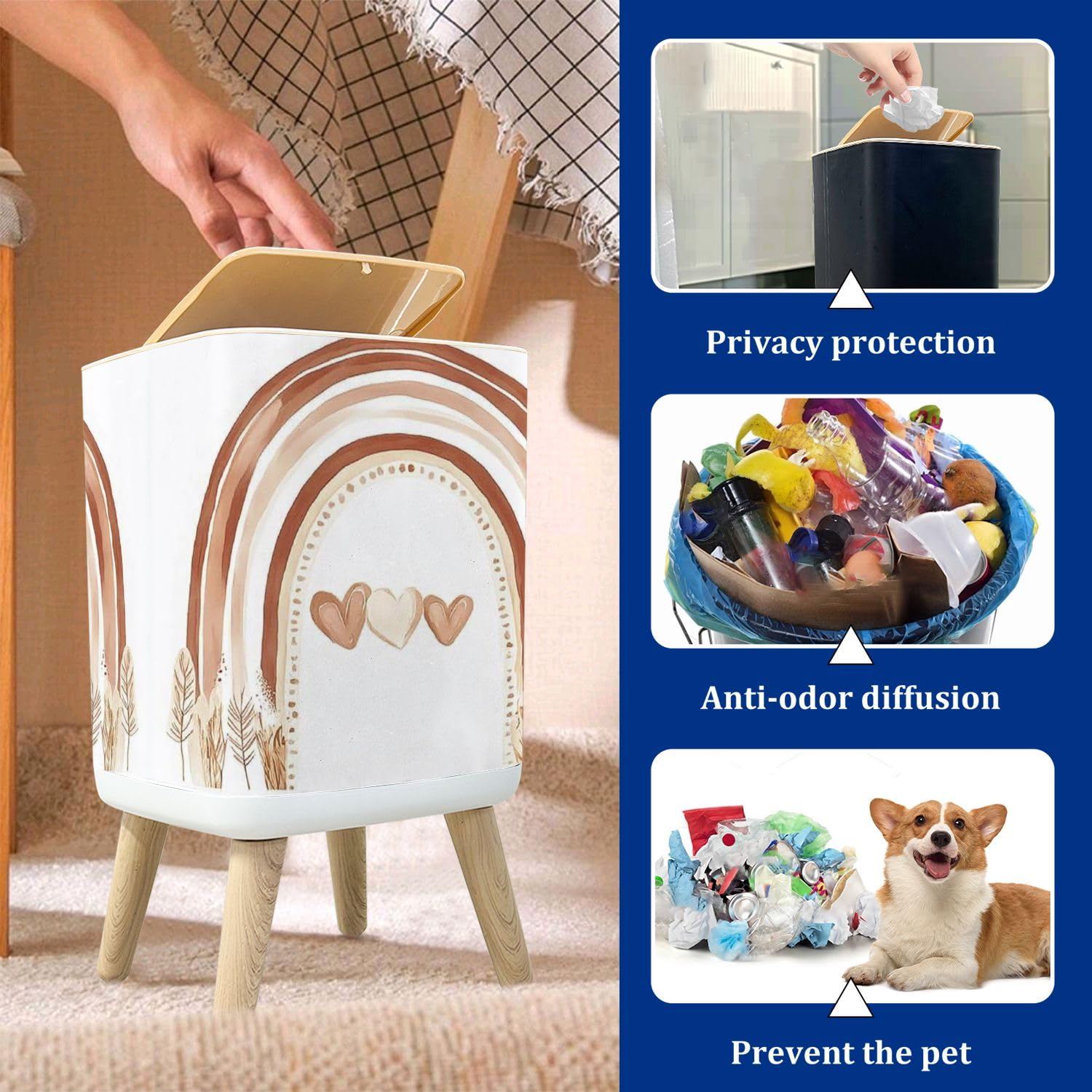 Trash Can with Lid Scandinavian Boho Rainbow Print for Playroom with Neutral Garbage Can Rectangular Waste Bin Press Cover Dog Proof Wastebasket for Kitchen Bathroom Living Room Nursery