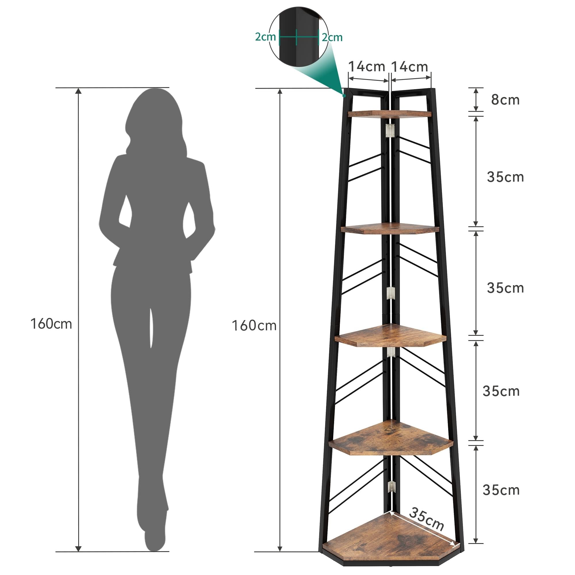 DWVO Eckregal 5 Ebenen, Eckbuchhandel mit Metallrahmen, Industrial Ladder -Bücherregal, Bodenständiges Displayregal, Hoher Speicherregal, für Wohnzimmer, Küche, Schlafzimmer, Vintagebraun Standregal