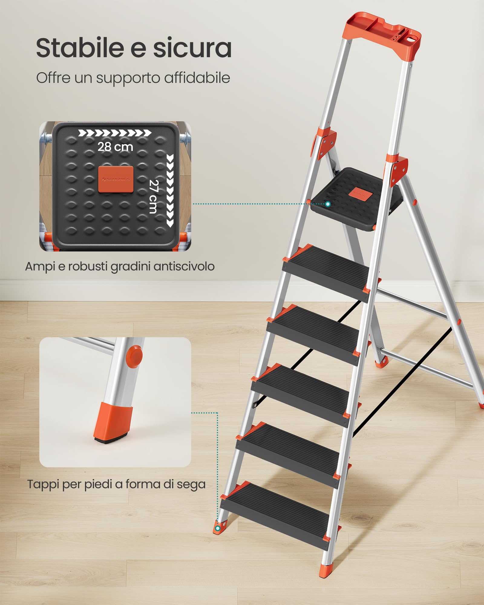 SONGMICS Scaletta a 6 Gradini, Scala Pieghevole in Lega di Alluminio, Gradini Larghi 12 cm, con Portautensili e Piedini Antiscivolo, Max. Portata Statica 150 kg, Nero e Arancione GLT06BK