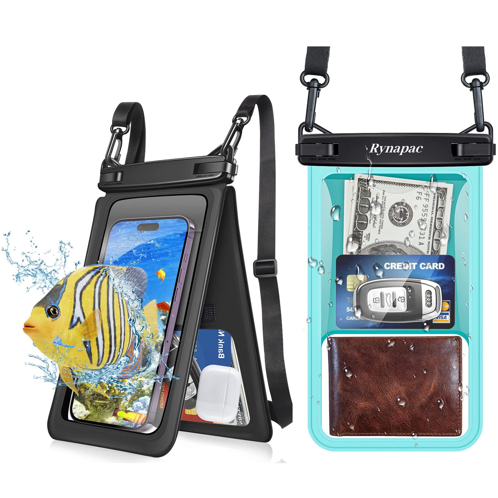 Double Space Waterproof Phone Pouch, Waterproof Phone Lanyard Case with up to 7", Dry Bag for Vacation（2 Pack，Green,Black）