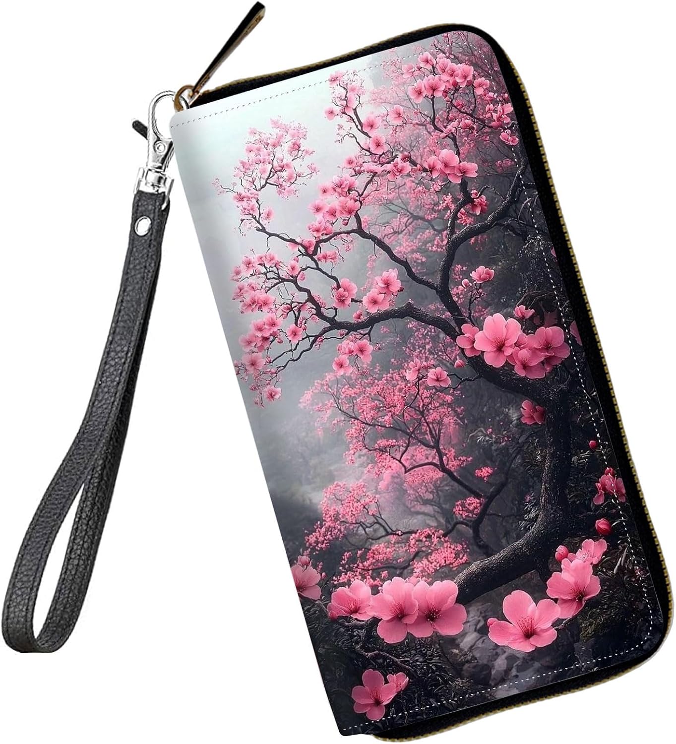 Womens Wallet Large Capacity RFID Blocking Wristlet Wallets for Women Premium PU Leather Clutch Purse Phone Holder Travel Long Wallet, Gifts for Women Girls, Pink Blossom Tree