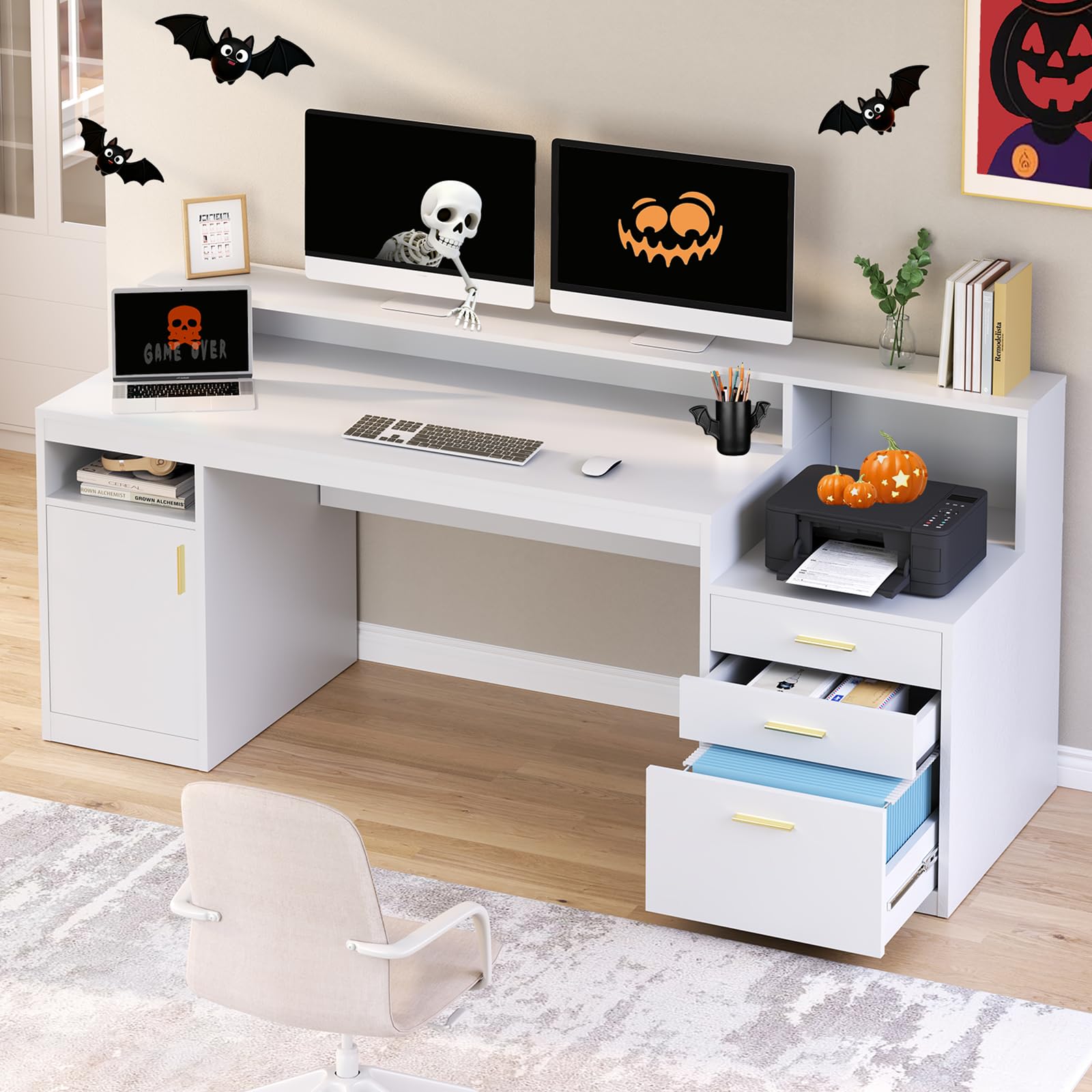 YOMILUVE Computer Desk with 3 Drawer & Storage Shelves, Home Office Desk with File Drawer & Cabinet, Writing Study Table with Long Monitor Stand & Printer Shelf, Executive Desk, White