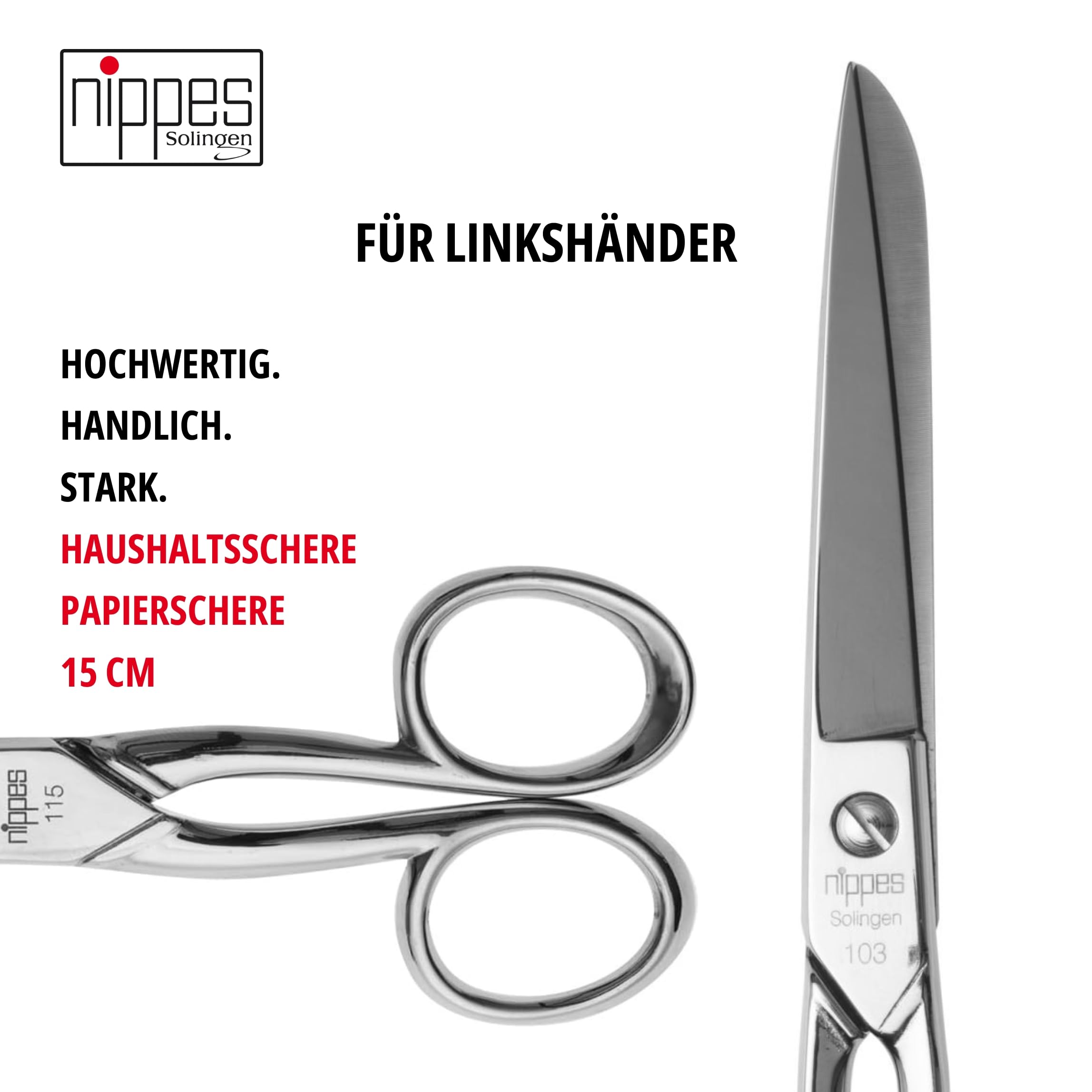 nippes Solingen Tijeras profesionales para el hogar [para zurdos] de acero niquelado | 15 cm | Tijeras multiusos para cortar papel, cartón y embalajes | Calidad de Solingen