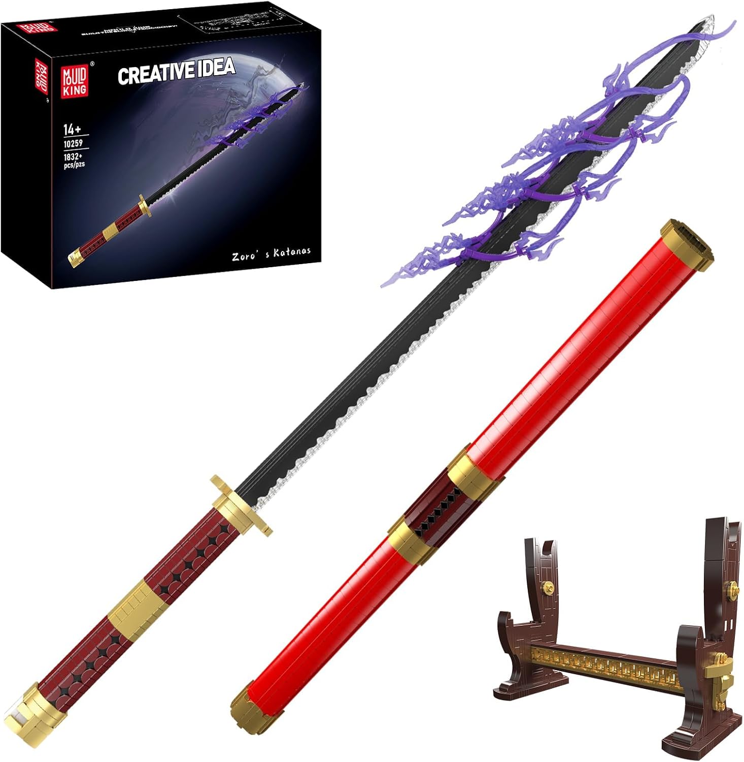 Mould King 10259 Glowing Samurai Sword Building Block Model, 1832+ Piece LED Light-Up Japanese Sword Display with Battery Box & Stand, Large-Scale Decorative Anime-Inspired Assembly Model