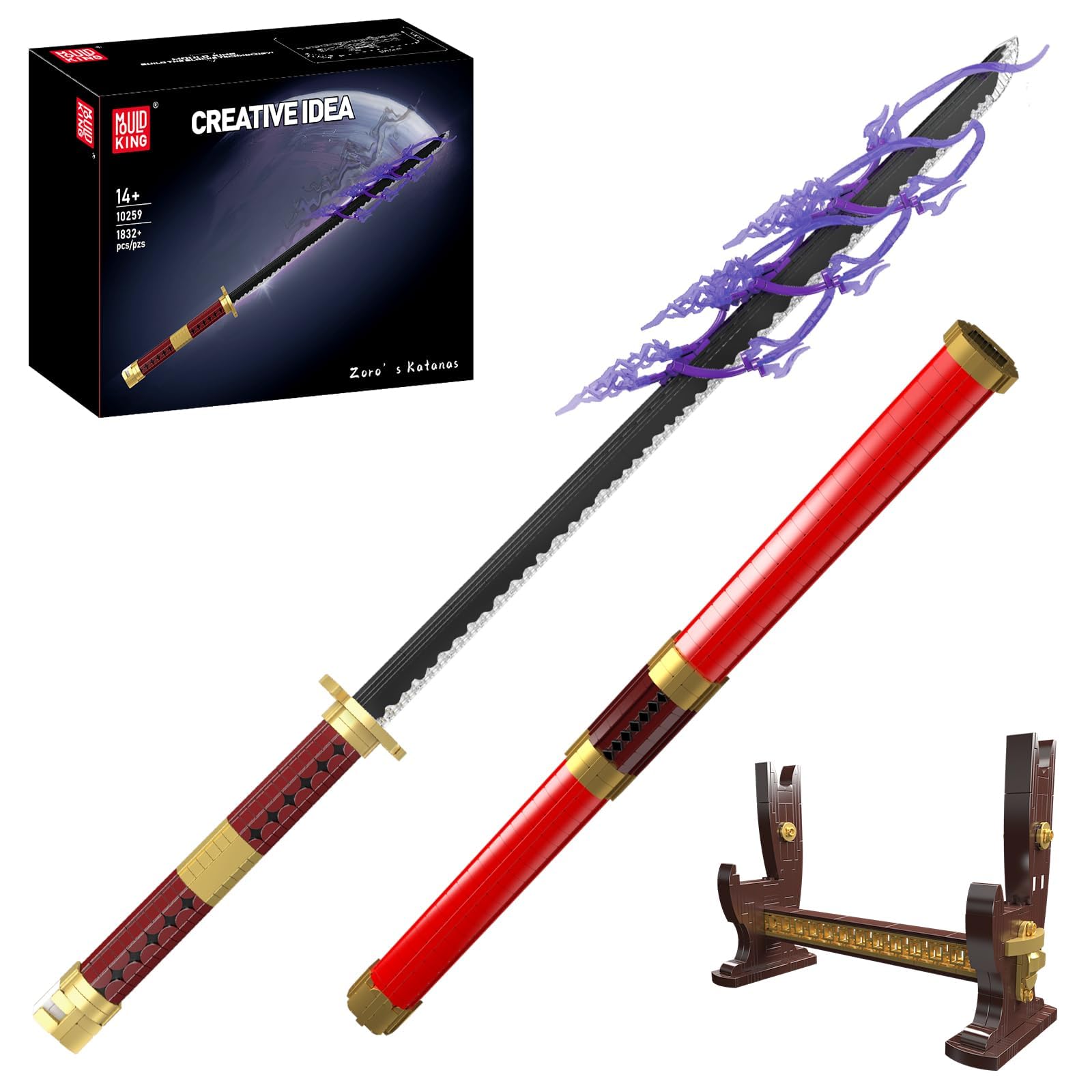 Mould King 10259 Spada Samurai incandescente modello a blocco, 1832+ pezzi LED illuminato spada giapponese display con scatola batteria e supporto, modello decorativo su larga scala ispirato agli