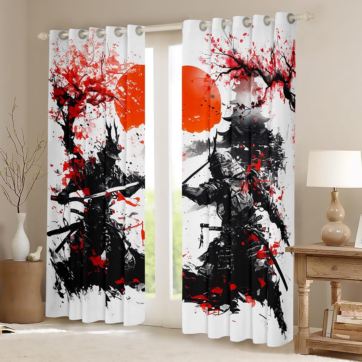Rideaux de fenêtre samouraï japonais, aquarelle rouge fleurs de cerisier rideaux de décoration d'intérieur, tournesols peinture à l'encre noire, rideaux de fenêtre durables pour enfants