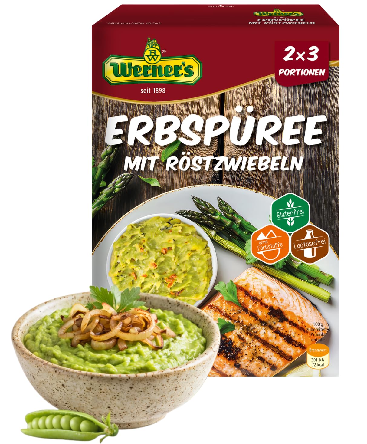Werner´s Erbspüree mit Röstzwiebeln, 2x3 Portionen, 8 Packungen pro Karton, Glutenfrei, laktosefrei, ohne Farbstoffe, ohne zugesetzte Aromen, Mikrowellengeeignet,